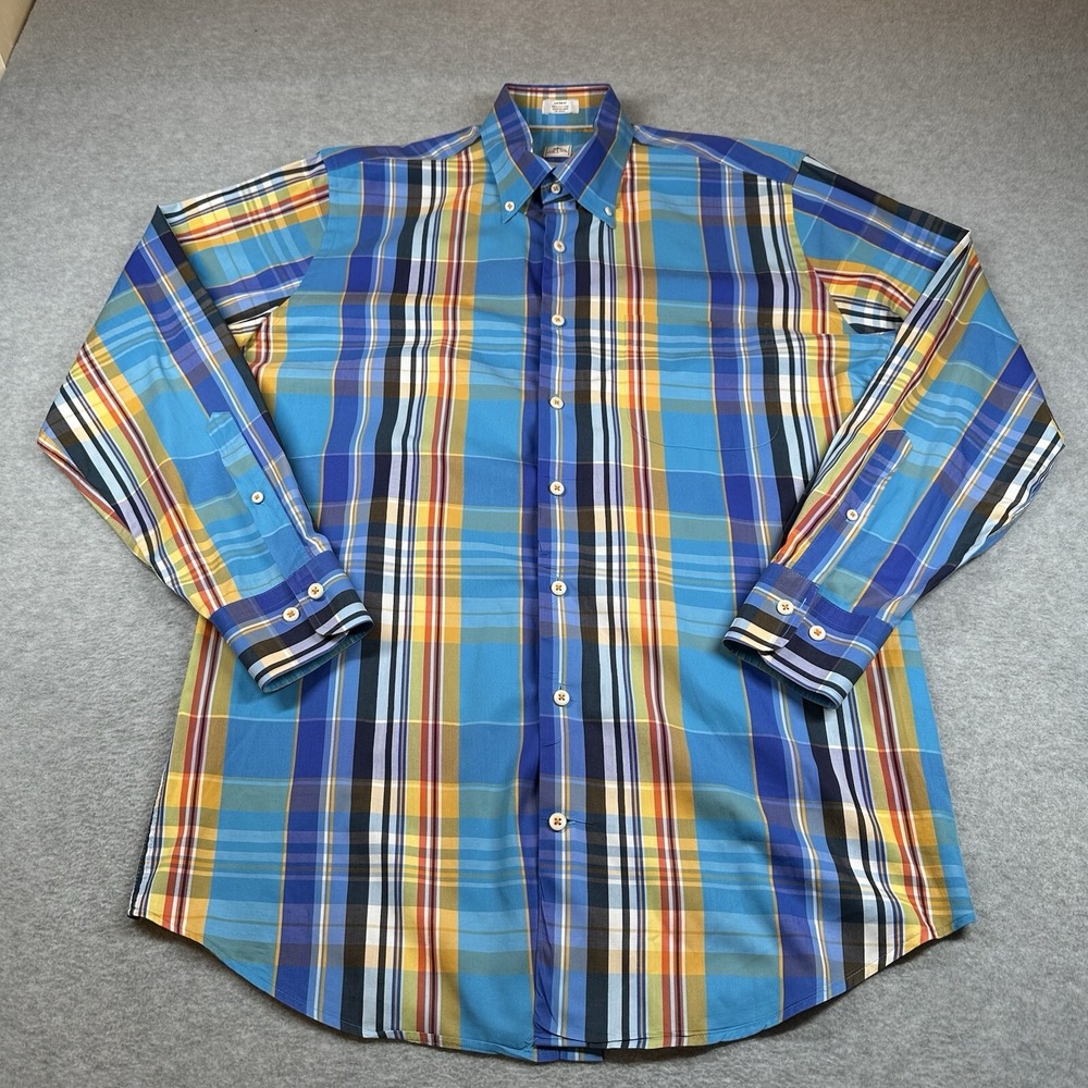 Peter Millar Weekender Finish Long Sleeve Shirt Mens M Blue Plaid Cotton